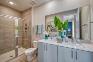 Spacious bathroom with standing shower stall, toilet, double sink, large mirror, and decorative plant in an Eagle Trace resort residence.
