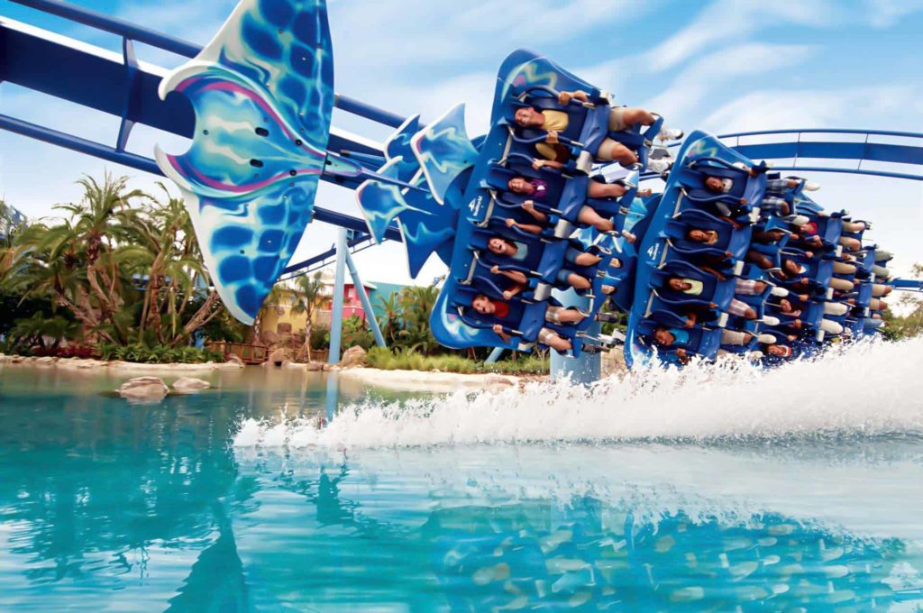 People riding the Manta roller coaster at SeaWorld Orlando theme park.